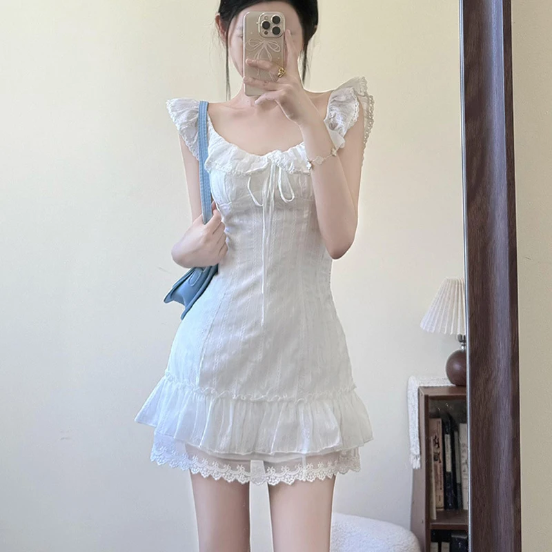 Korean Sweet Lace Short Dress Women College Style Elegant Spring Summer New A-line Dresses Sexy Design White Casual Y2K Clothing