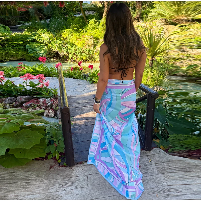 Fashion Printed Women's Beach Skirt Lace Up One-Piece Female Bandage Skirt 2026 Spring Summer Vacation Sexy Elegant Lady Skirts