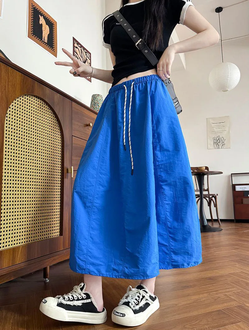 Harajuku Loose Parachute Skirts Women Vintage Streetwear Drawstring Long Skirt Female Summer Elastic Waist Solid Maxi Skirts