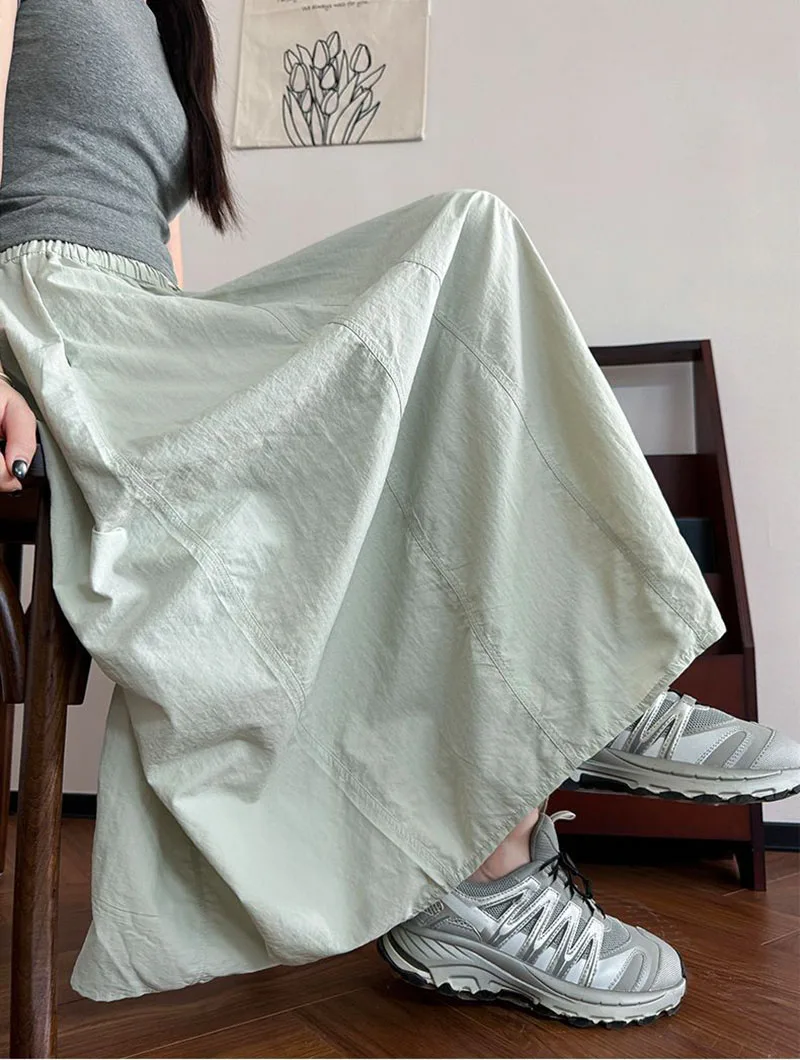 Harajuku Loose Parachute Skirts Women Vintage Streetwear Drawstring Long Skirt Female Summer Elastic Waist Solid Maxi Skirts