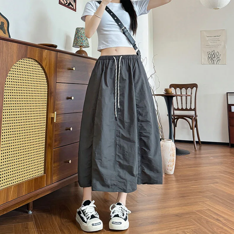 Harajuku Loose Parachute Skirts Women Vintage Streetwear Drawstring Long Skirt Female Summer Elastic Waist Solid Maxi Skirts