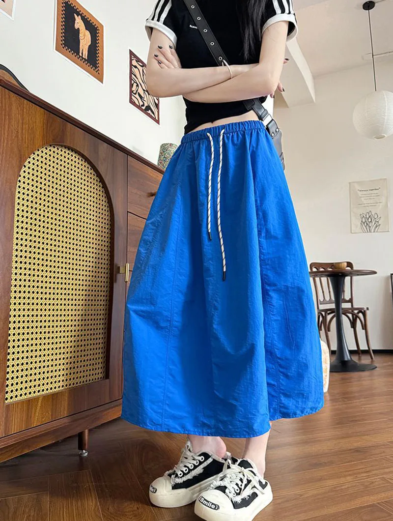 Harajuku Loose Parachute Skirts Women Vintage Streetwear Drawstring Long Skirt Female Summer Elastic Waist Solid Maxi Skirts