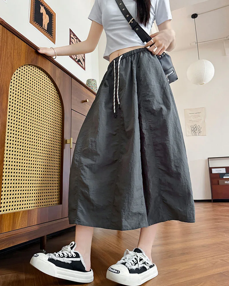 Harajuku Loose Parachute Skirts Women Vintage Streetwear Drawstring Long Skirt Female Summer Elastic Waist Solid Maxi Skirts