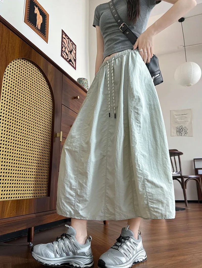 Harajuku Loose Parachute Skirts Women Vintage Streetwear Drawstring Long Skirt Female Summer Elastic Waist Solid Maxi Skirts