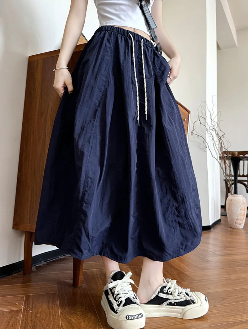 Harajuku Loose Parachute Skirts Women Vintage Streetwear Drawstring Long Skirt Female Summer Elastic Waist Solid Maxi Skirts