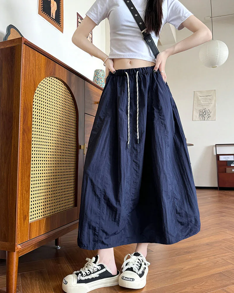 Harajuku Loose Parachute Skirts Women Vintage Streetwear Drawstring Long Skirt Female Summer Elastic Waist Solid Maxi Skirts