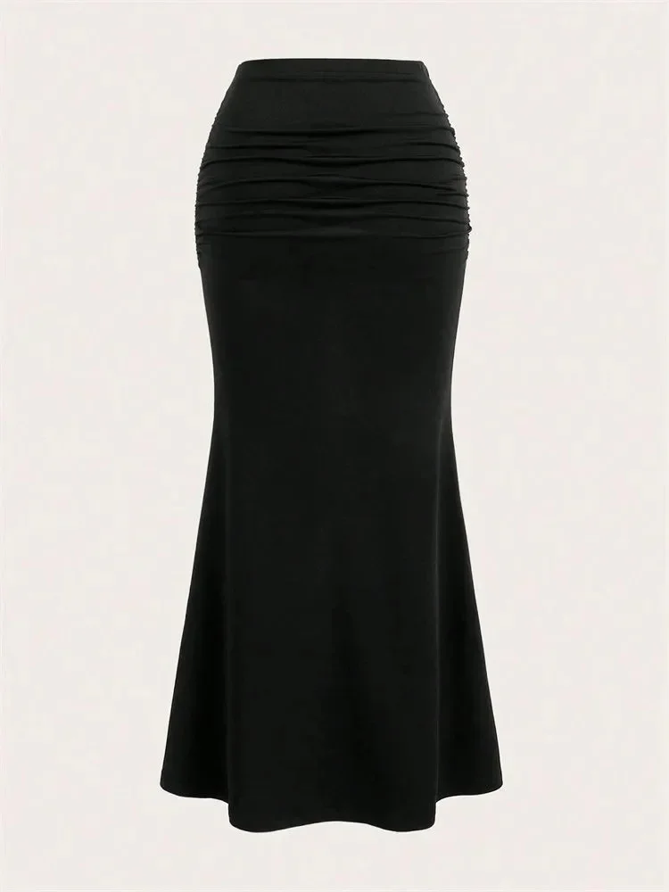 Solid Bodycon Ruched Long Skirt Women Sexy Black Elastic Elegant High Waist Mermaid Maxi Skirts Summer Streetwear 2024
