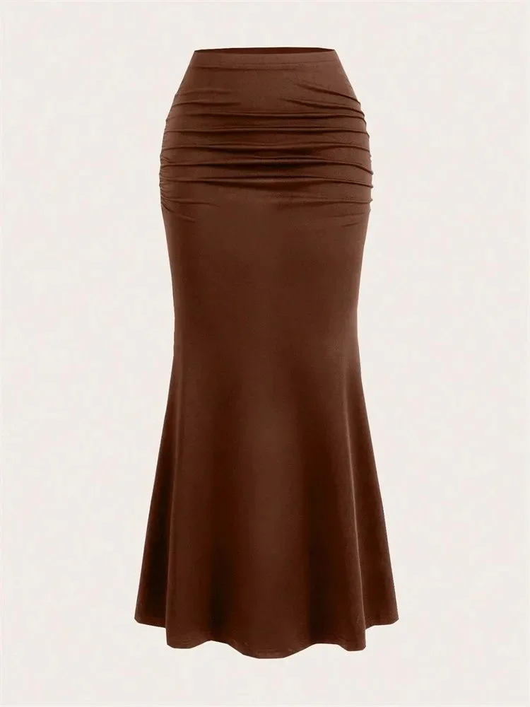 Solid Bodycon Ruched Long Skirt Women Sexy Black Elastic Elegant High Waist Mermaid Maxi Skirts Summer Streetwear 2024