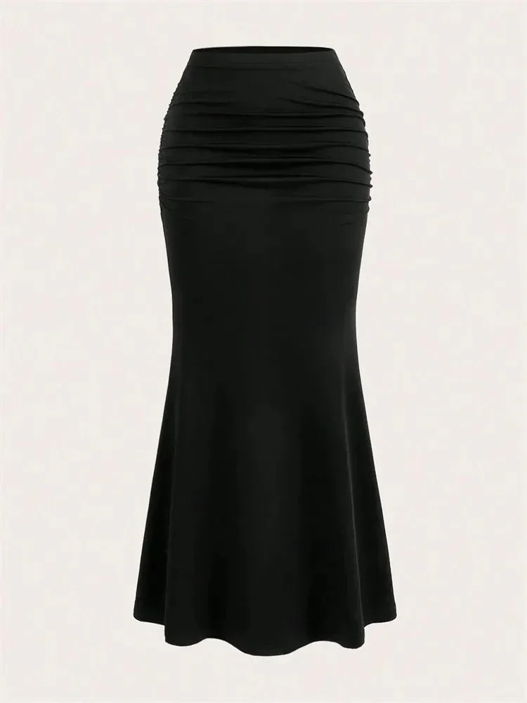 Solid Bodycon Ruched Long Skirt Women Sexy Black Elastic Elegant High Waist Mermaid Maxi Skirts Summer Streetwear 2024