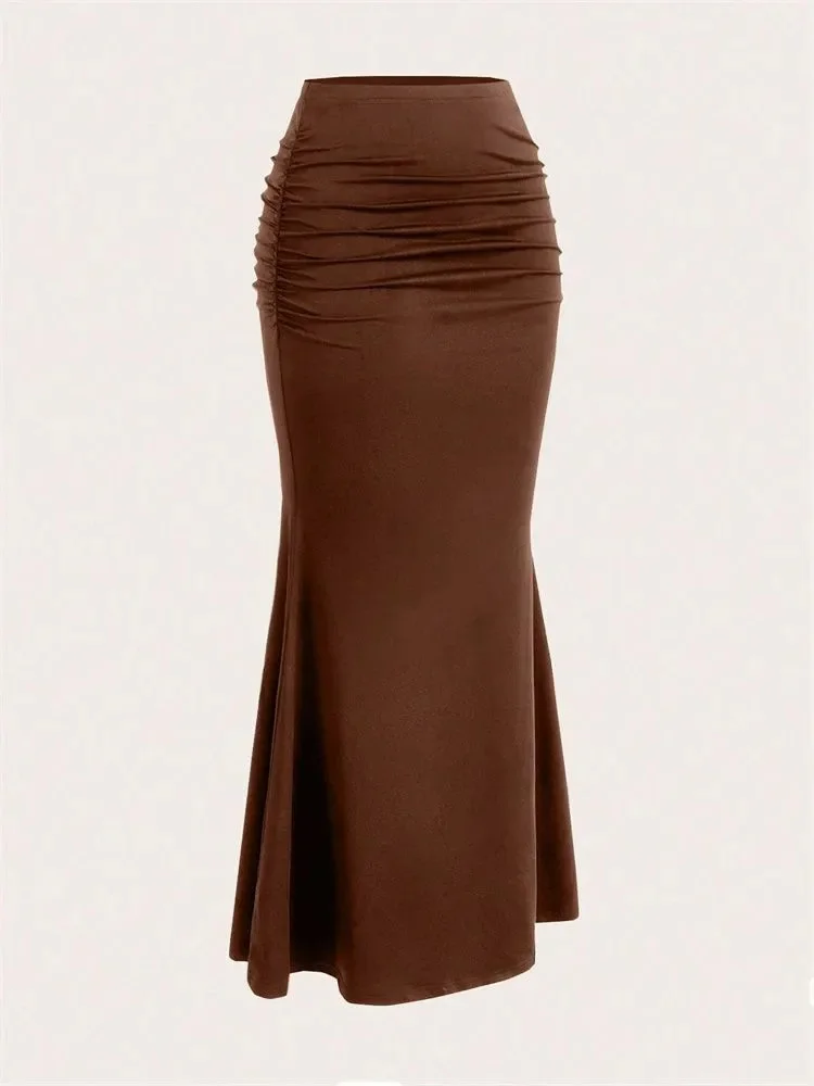 Solid Bodycon Ruched Long Skirt Women Sexy Black Elastic Elegant High Waist Mermaid Maxi Skirts Summer Streetwear 2024