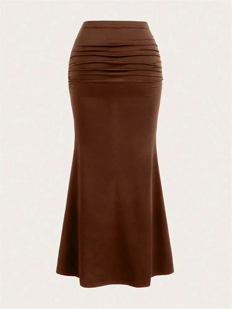 Solid Bodycon Ruched Long Skirt Women Sexy Black Elastic Elegant High Waist Mermaid Maxi Skirts Summer Streetwear 2024