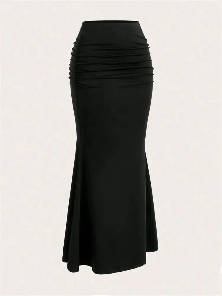 Solid Bodycon Ruched Long Skirt Women Sexy Black Elastic Elegant High Waist Mermaid Maxi Skirts Summer Streetwear 2024