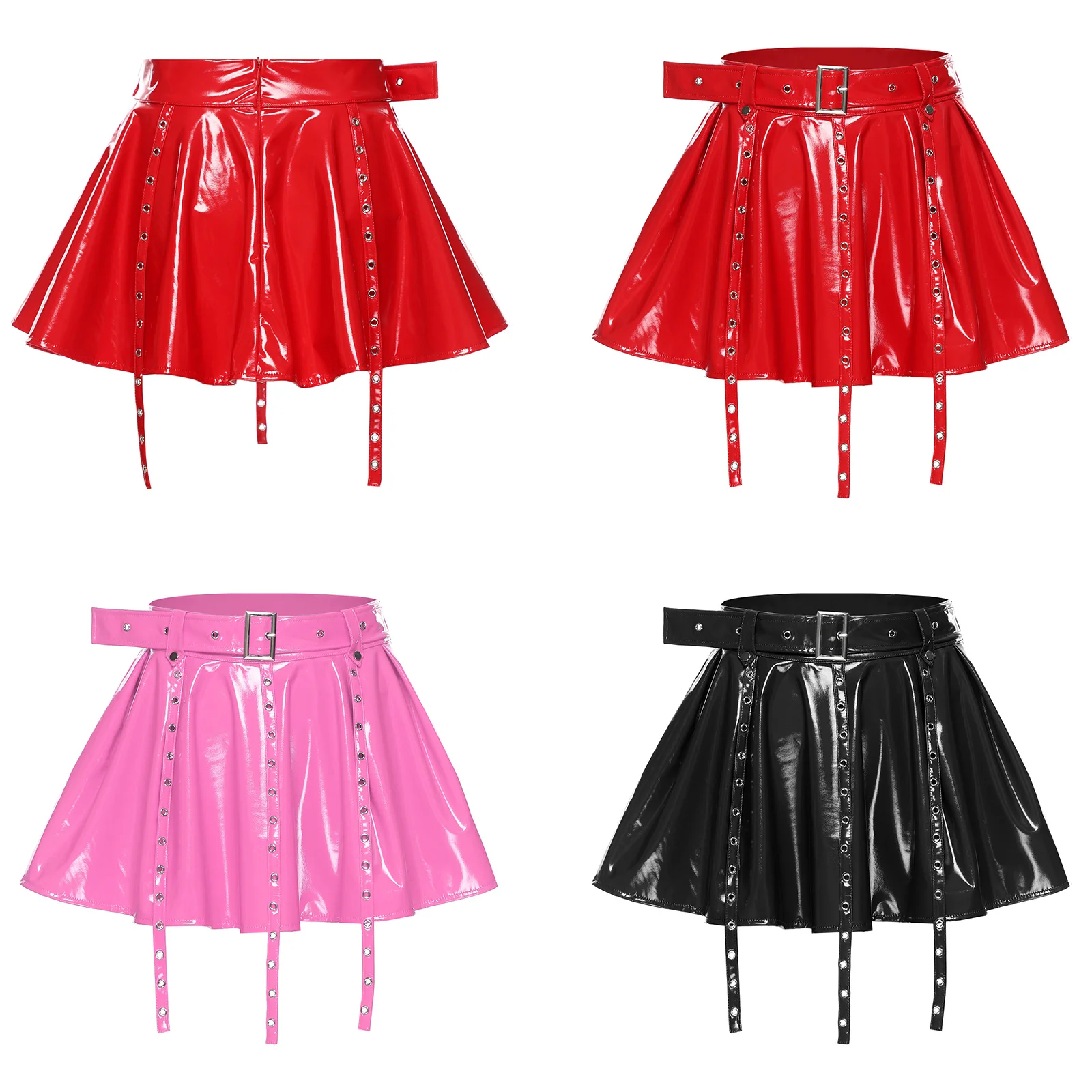 Womens Glossy PU Leather Latex Miniskirt Eyelets Tassel Fake Waist Belt Pleated Hem A-line Skirt Gothic Punk Rave Clubwear