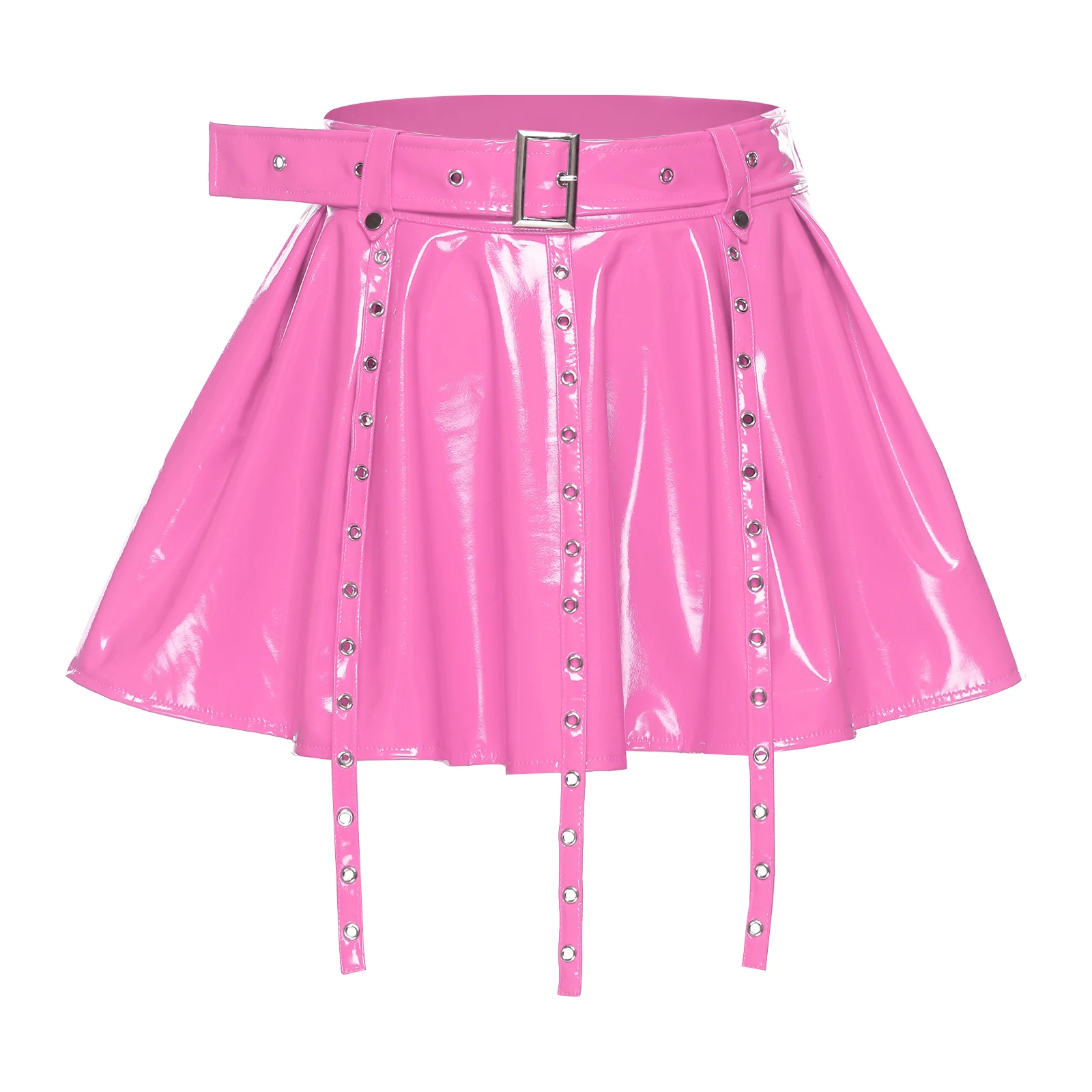 Womens Glossy PU Leather Latex Miniskirt Eyelets Tassel Fake Waist Belt Pleated Hem A-line Skirt Gothic Punk Rave Clubwear