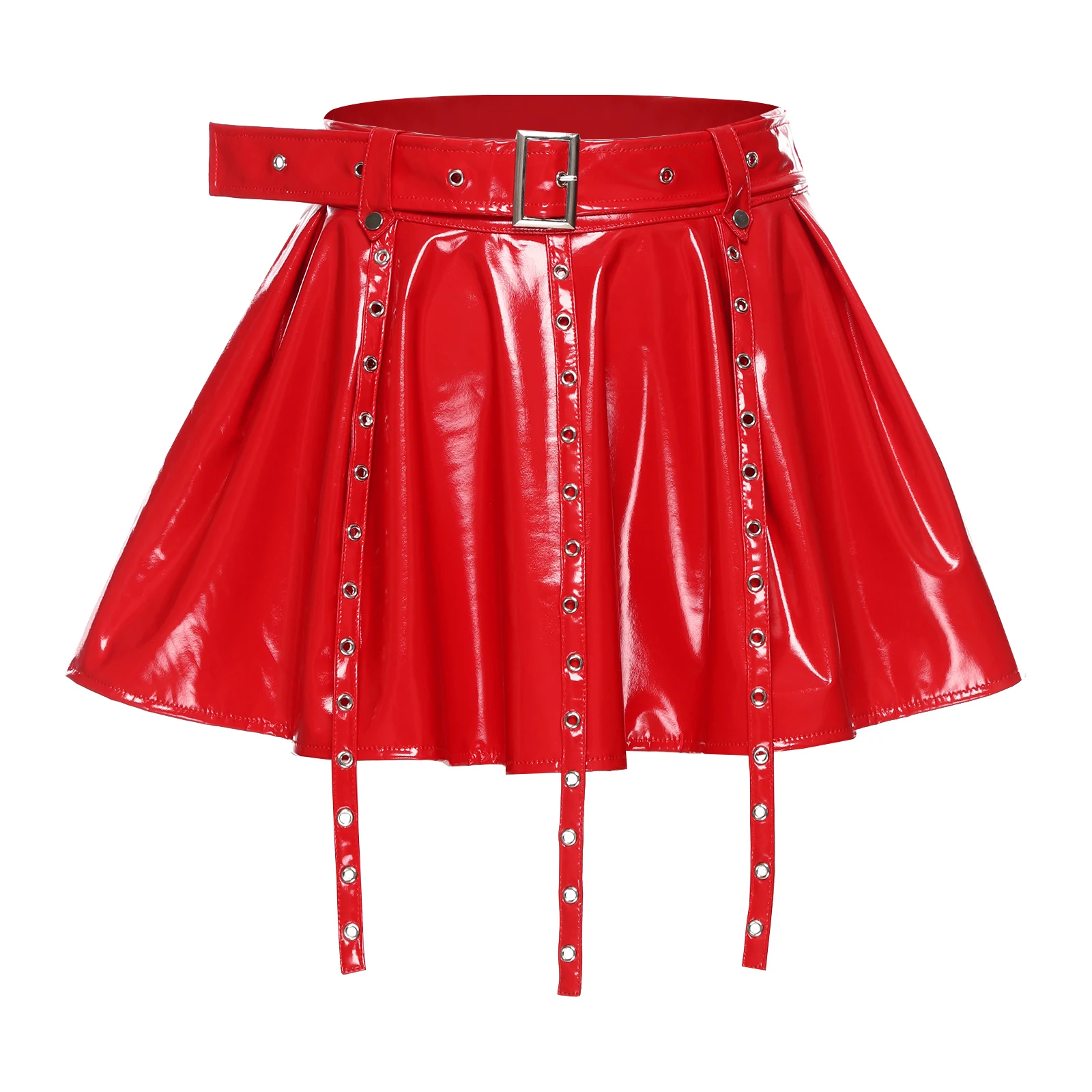 Womens Glossy PU Leather Latex Miniskirt Eyelets Tassel Fake Waist Belt Pleated Hem A-line Skirt Gothic Punk Rave Clubwear
