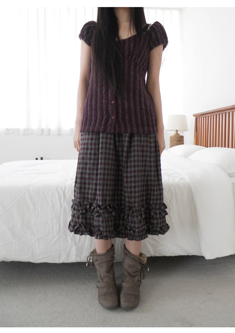 MEXZT Vintage Plaid Midi Skirt Women Japanese Harajuku Ruffles Patchwork Skirts Summer Y2K Streetwear Casual A Line Faldas New