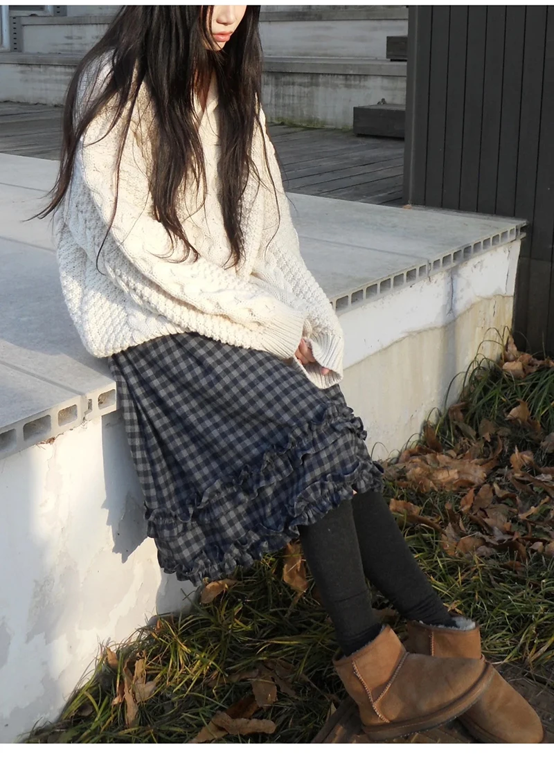 MEXZT Vintage Plaid Midi Skirt Women Japanese Harajuku Ruffles Patchwork Skirts Summer Y2K Streetwear Casual A Line Faldas New