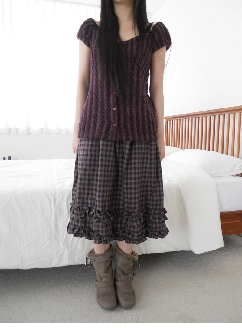 MEXZT Vintage Plaid Midi Skirt Women Japanese Harajuku Ruffles Patchwork Skirts Summer Y2K Streetwear Casual A Line Faldas New