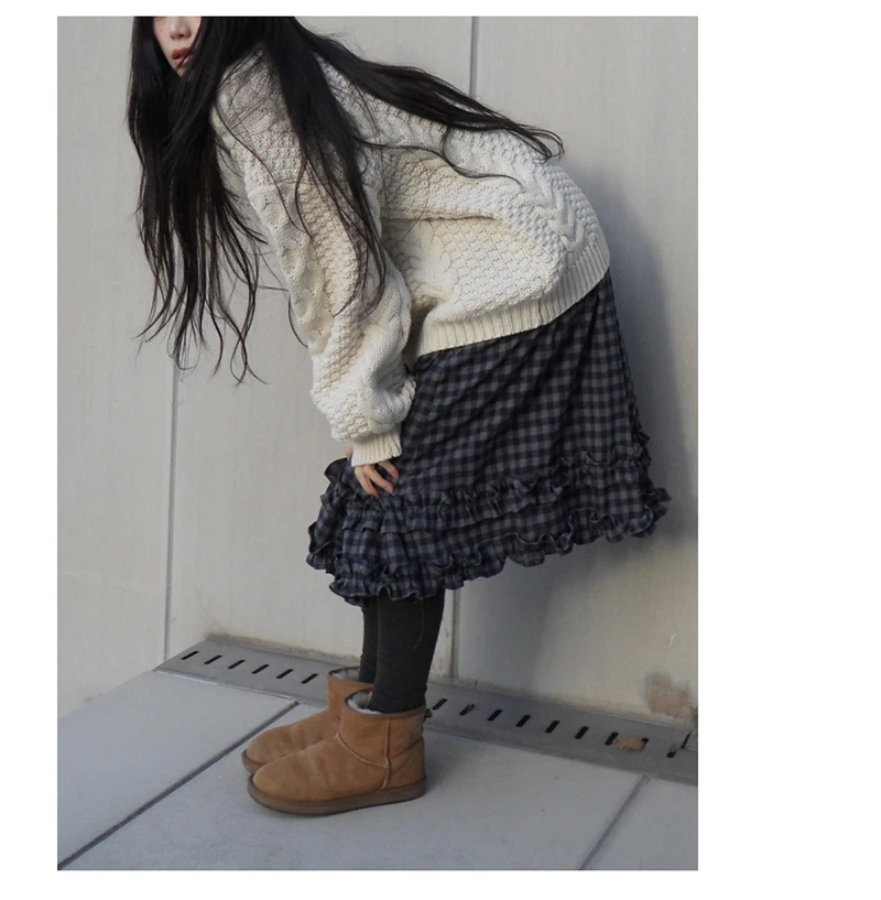 MEXZT Vintage Plaid Midi Skirt Women Japanese Harajuku Ruffles Patchwork Skirts Summer Y2K Streetwear Casual A Line Faldas New