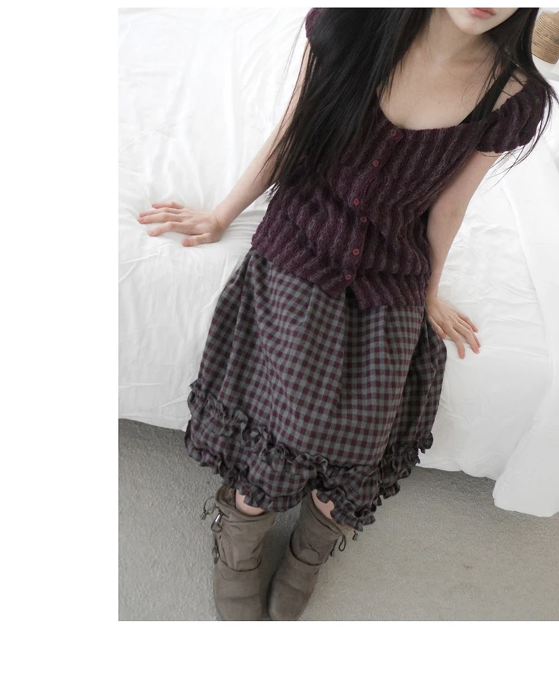 MEXZT Vintage Plaid Midi Skirt Women Japanese Harajuku Ruffles Patchwork Skirts Summer Y2K Streetwear Casual A Line Faldas New