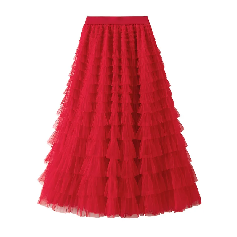 New Arrival 2025 Tulle Cake Long Skirt Women Spring Summer Ruffle Pleated A-Line Chic Skirt Ladies Sweet Black White Tutu Skirts