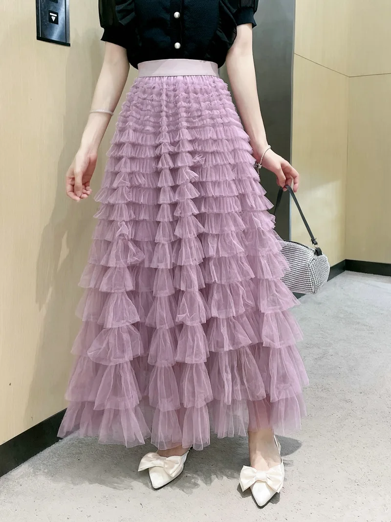 New Arrival 2025 Tulle Cake Long Skirt Women Spring Summer Ruffle Pleated A-Line Chic Skirt Ladies Sweet Black White Tutu Skirts