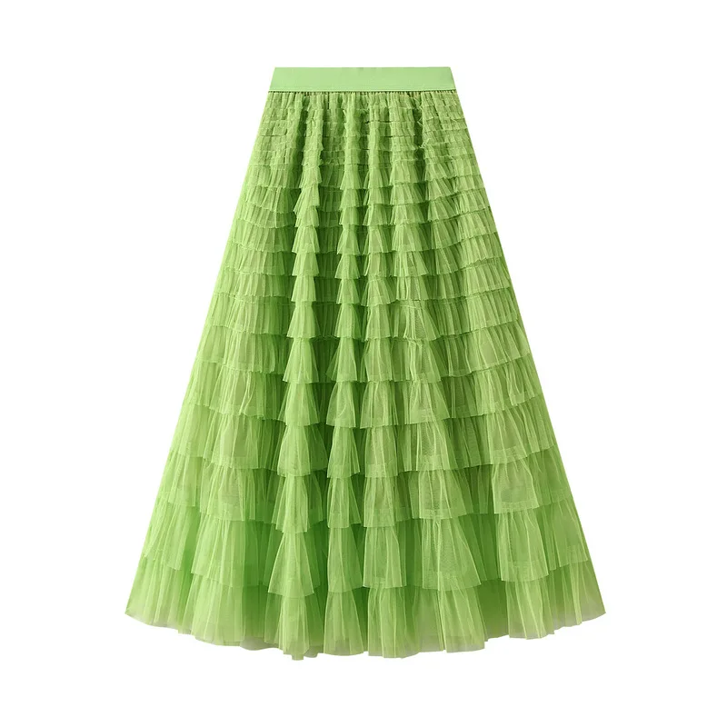 New Arrival 2025 Tulle Cake Long Skirt Women Spring Summer Ruffle Pleated A-Line Chic Skirt Ladies Sweet Black White Tutu Skirts