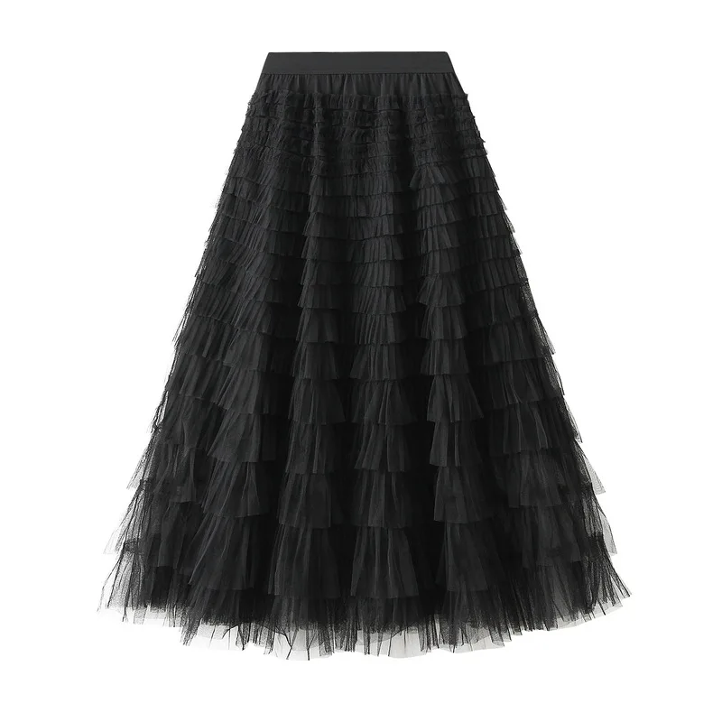 New Arrival 2025 Tulle Cake Long Skirt Women Spring Summer Ruffle Pleated A-Line Chic Skirt Ladies Sweet Black White Tutu Skirts