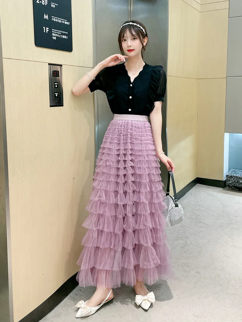 New Arrival 2025 Tulle Cake Long Skirt Women Spring Summer Ruffle Pleated A-Line Chic Skirt Ladies Sweet Black White Tutu Skirts