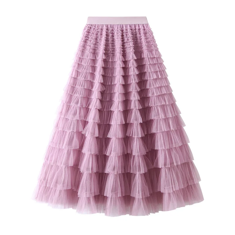 New Arrival 2025 Tulle Cake Long Skirt Women Spring Summer Ruffle Pleated A-Line Chic Skirt Ladies Sweet Black White Tutu Skirts