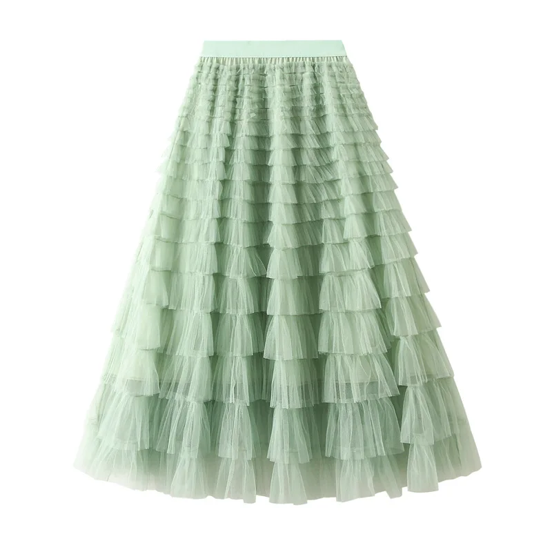 New Arrival 2025 Tulle Cake Long Skirt Women Spring Summer Ruffle Pleated A-Line Chic Skirt Ladies Sweet Black White Tutu Skirts