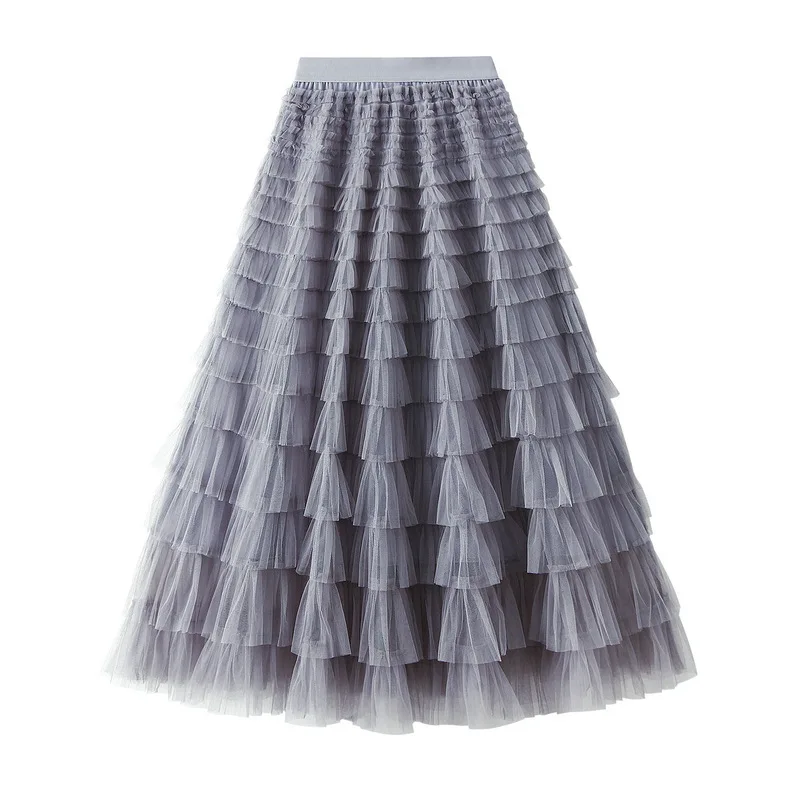 New Arrival 2025 Tulle Cake Long Skirt Women Spring Summer Ruffle Pleated A-Line Chic Skirt Ladies Sweet Black White Tutu Skirts