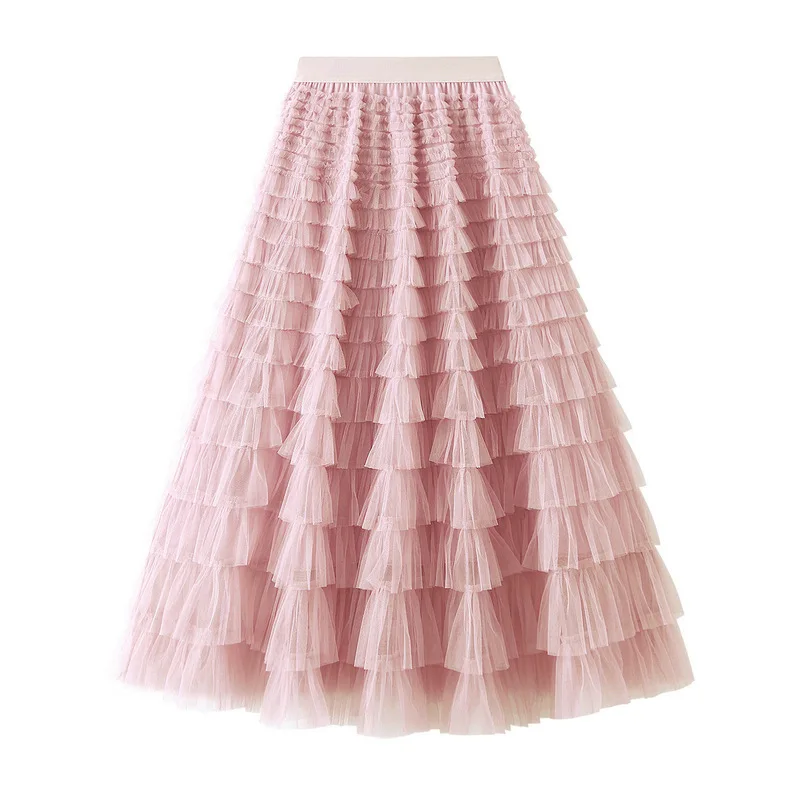 New Arrival 2025 Tulle Cake Long Skirt Women Spring Summer Ruffle Pleated A-Line Chic Skirt Ladies Sweet Black White Tutu Skirts
