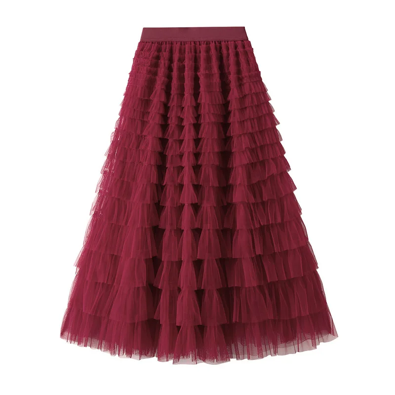 New Arrival 2025 Tulle Cake Long Skirt Women Spring Summer Ruffle Pleated A-Line Chic Skirt Ladies Sweet Black White Tutu Skirts