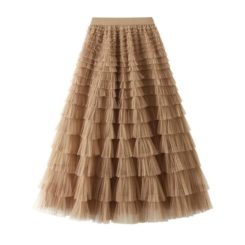 New Arrival 2025 Tulle Cake Long Skirt Women Spring Summer Ruffle Pleated A-Line Chic Skirt Ladies Sweet Black White Tutu Skirts