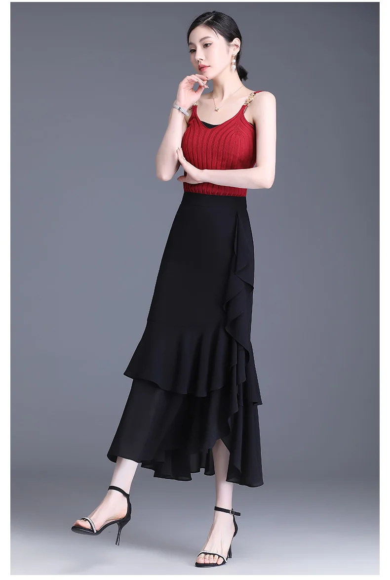 ZUZK Fashion Irregular Fishtail Chiffon Skirts Elegant High Waist Summer Luxury Party Skirt Female Ruffles Long Skirts