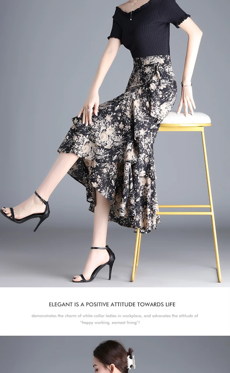 ZUZK Fashion Irregular Fishtail Chiffon Skirts Elegant High Waist Summer Luxury Party Skirt Female Ruffles Long Skirts