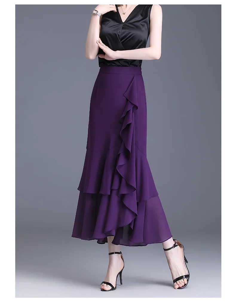 ZUZK Fashion Irregular Fishtail Chiffon Skirts Elegant High Waist Summer Luxury Party Skirt Female Ruffles Long Skirts