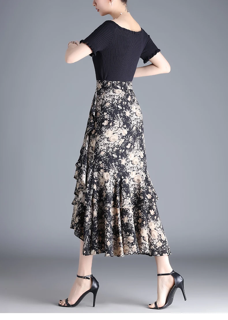 ZUZK Fashion Irregular Fishtail Chiffon Skirts Elegant High Waist Summer Luxury Party Skirt Female Ruffles Long Skirts