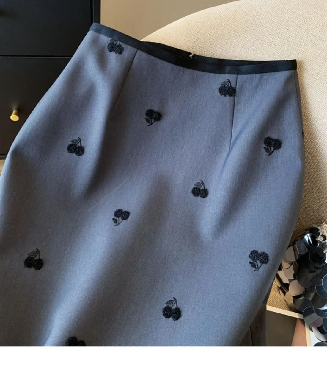 Autumn New Sweet Cherry Print Women's Midi Skirt Korean Office Lady High Waist Slim Temperament Slit Straight Suit Skirt 533P