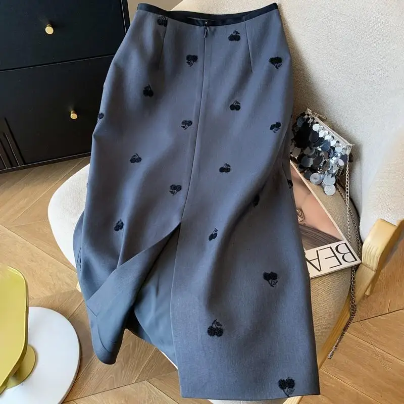 Autumn New Sweet Cherry Print Women's Midi Skirt Korean Office Lady High Waist Slim Temperament Slit Straight Suit Skirt 533P