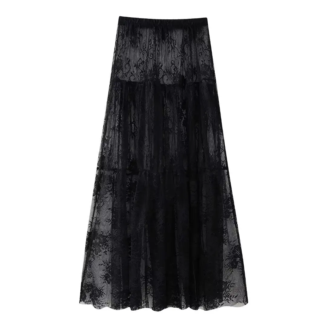 Black Lace Mesh Skirt Women's High Waist Midi Skirt Tulle Long Skirt Women's Translucent Party Women's Sexy Skirt 2024