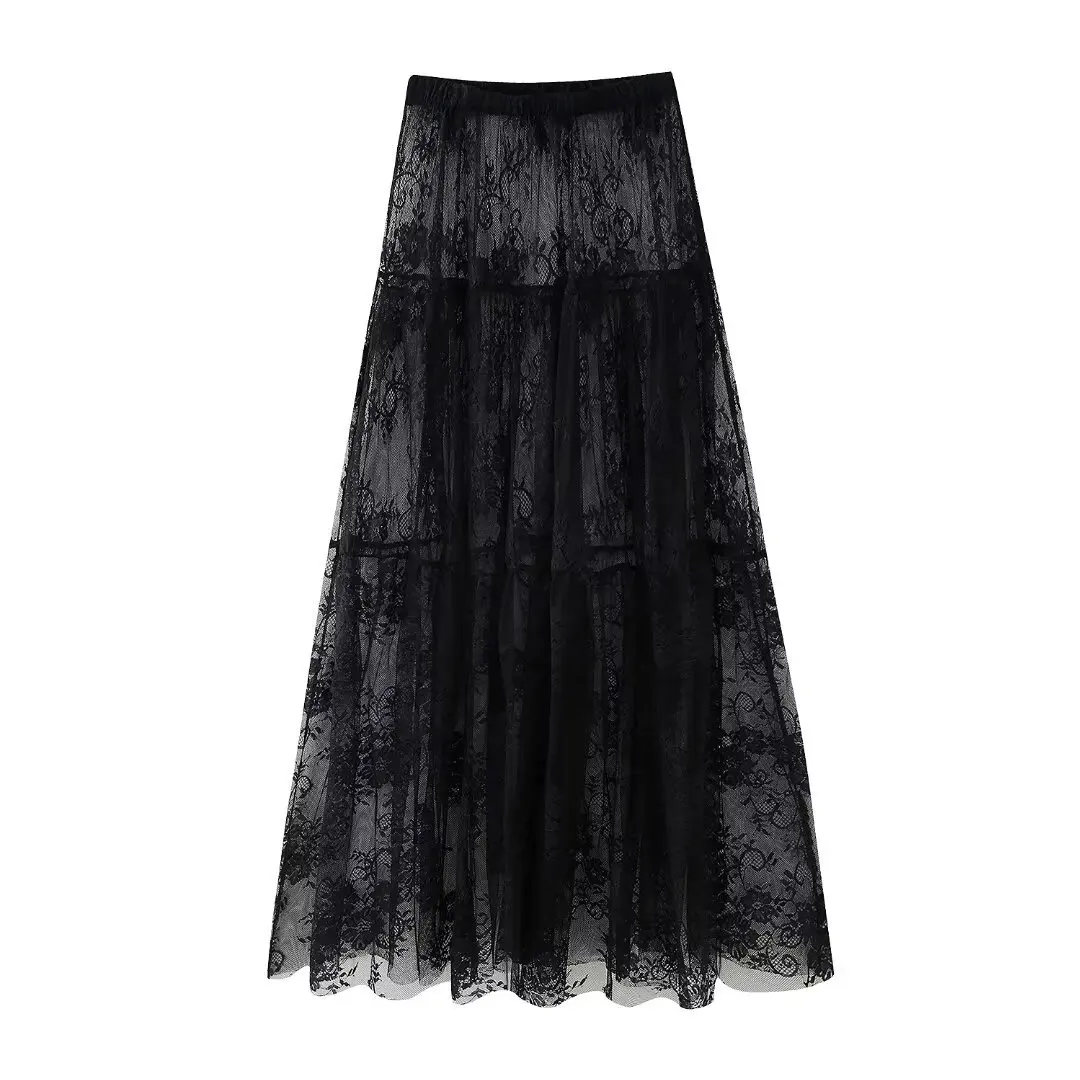Black Lace Mesh Skirt Women's High Waist Midi Skirt Tulle Long Skirt Women's Translucent Party Women's Sexy Skirt 2024