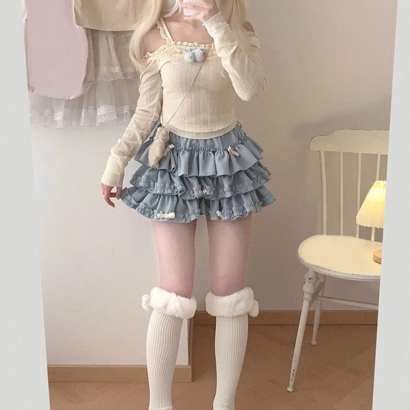 Women Short Skirt Female Elastic Waist Tutu Skirts Ruffled A-line Mini Pleated Cake Skirt