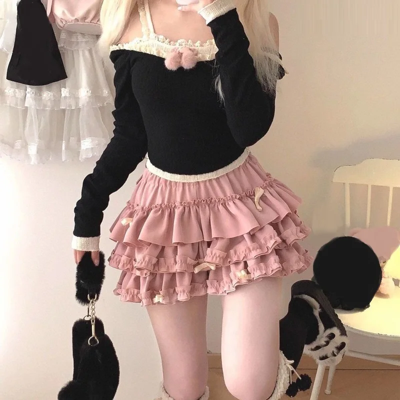 Women Short Skirt Female Elastic Waist Tutu Skirts Ruffled A-line Mini Pleated Cake Skirt