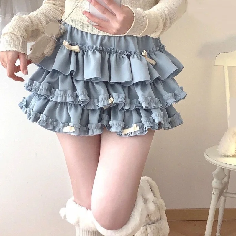 Women Short Skirt Female Elastic Waist Tutu Skirts Ruffled A-line Mini Pleated Cake Skirt