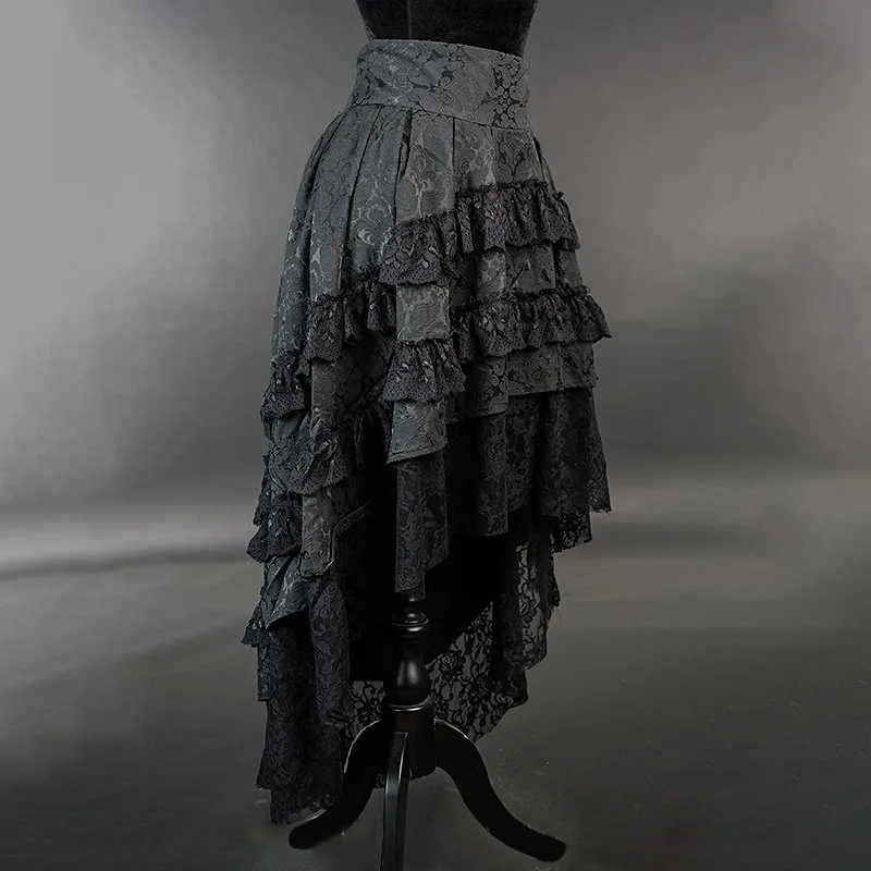 Women Harajuku Black Printing Skirts Lace Patchwork Vintage Gothic Streetwear Lace Patchwork Jupe Y2k Aesthetic Grunge Faldas