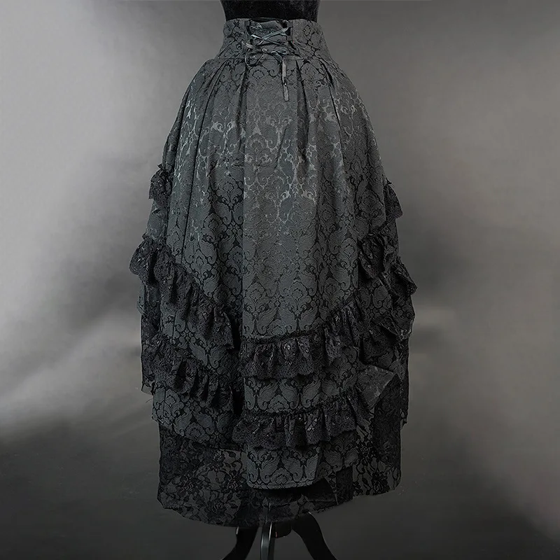 Women Harajuku Black Printing Skirts Lace Patchwork Vintage Gothic Streetwear Lace Patchwork Jupe Y2k Aesthetic Grunge Faldas