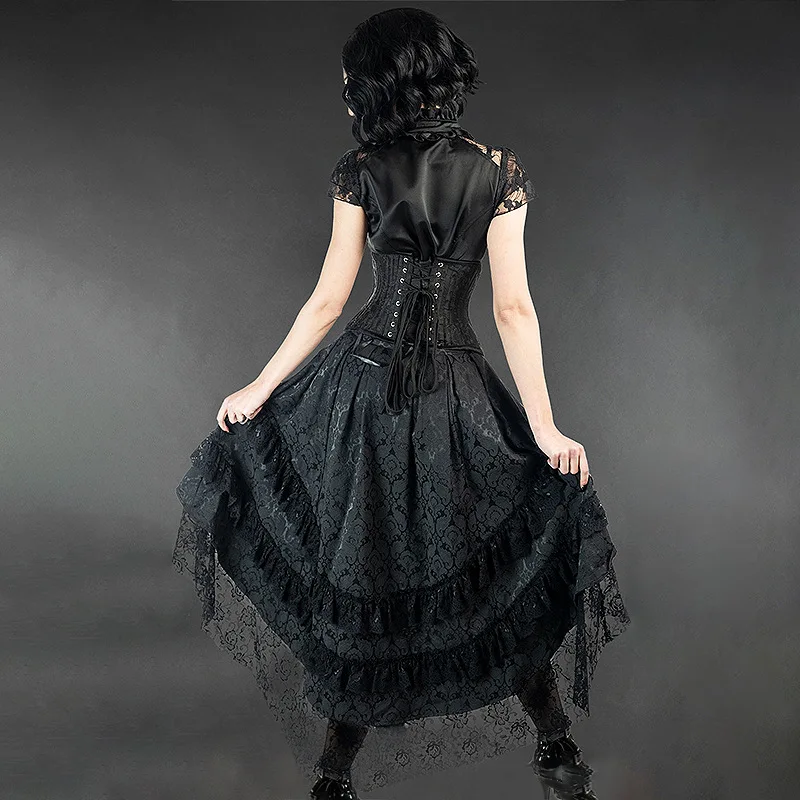 Women Harajuku Black Printing Skirts Lace Patchwork Vintage Gothic Streetwear Lace Patchwork Jupe Y2k Aesthetic Grunge Faldas