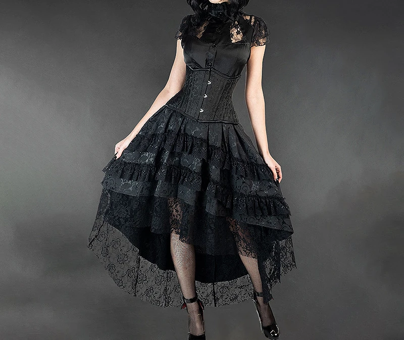 Women Harajuku Black Printing Skirts Lace Patchwork Vintage Gothic Streetwear Lace Patchwork Jupe Y2k Aesthetic Grunge Faldas